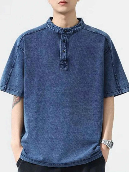 Men's Plus Size Button Detail Short Sleeve Denim Top