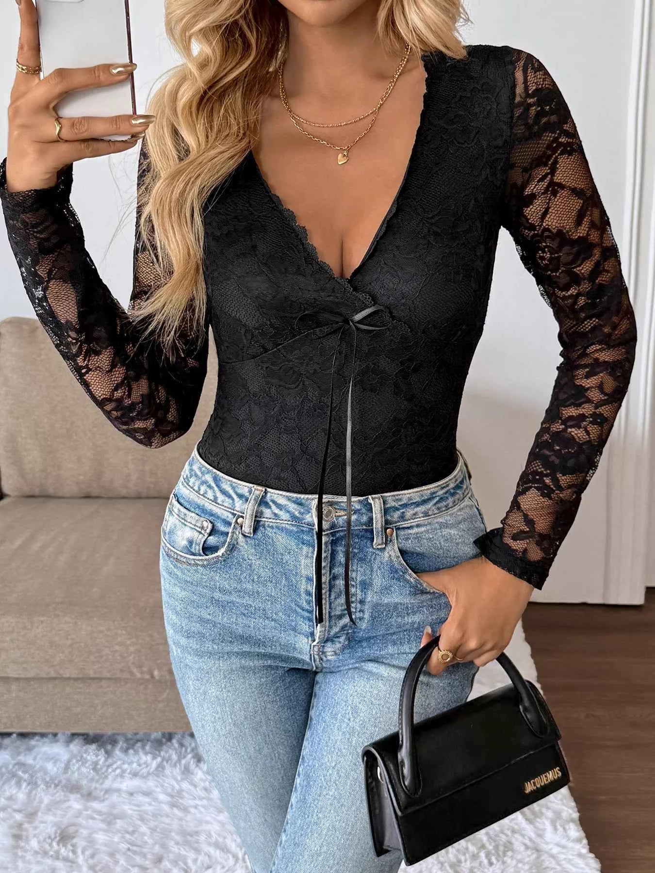 Long Sleeve Floral Lace Mesh Cropped Top
