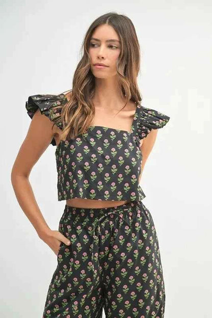 MABLE Floral Print Ruffle Top and Pants Set