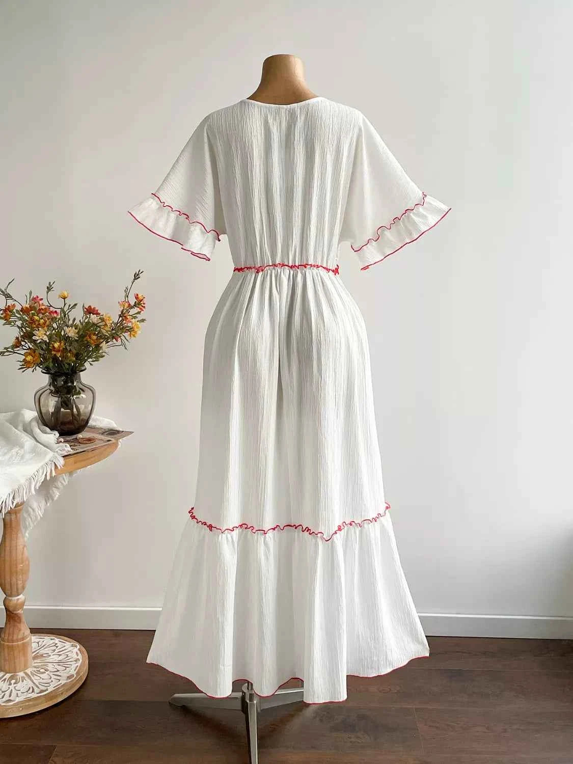 Plus Size Front Tie Maxi Dress with Floral Embroidered
