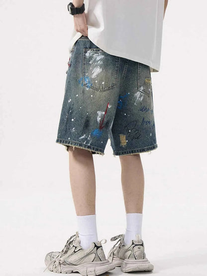 Men's Distressed Graffiti Denim Shorts