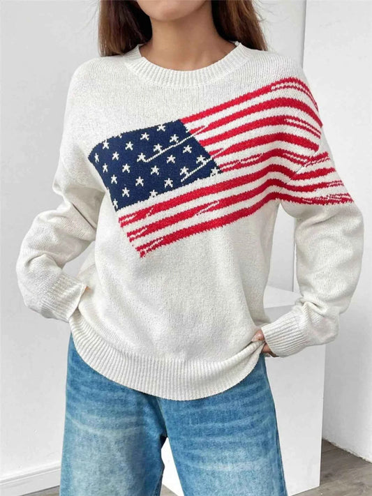 US Flag Round Neck Long Sleeve Sweater