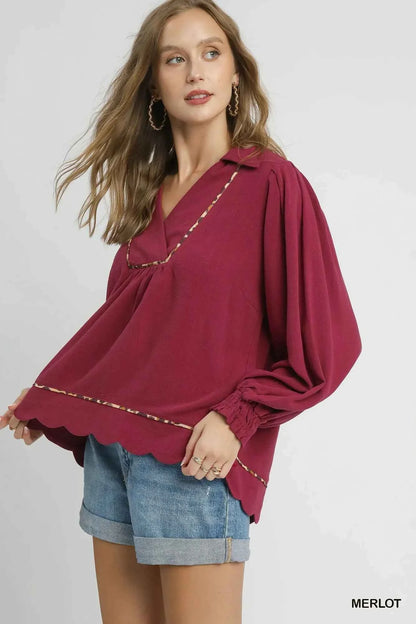 Umgee Full Size Linen Scallop Hem Blouse with Contrast Trim Plus Size
