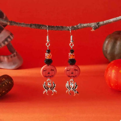 Halloween Spider Pumpkin Drop Earrings