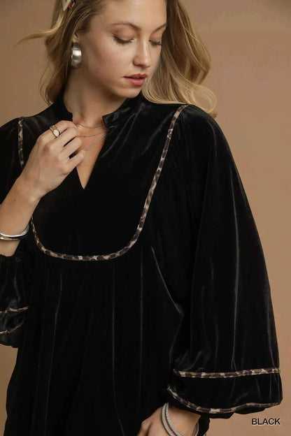 Umgee Velvet Long Sleeve Blouse with Contrast Trim