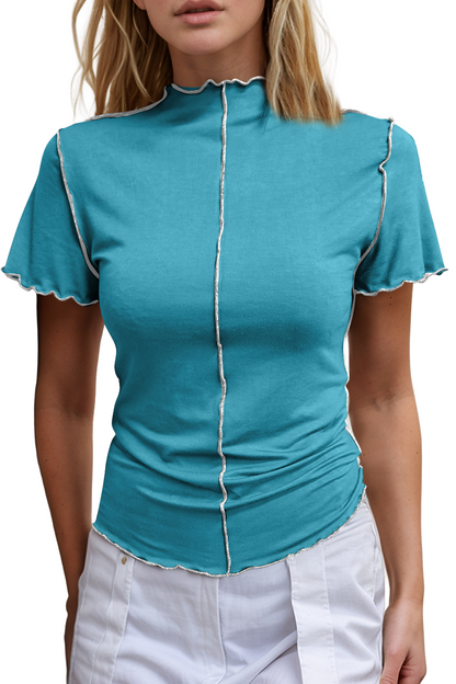 Basic Bae Contrast Trim Mock Neck Short Sleeve T-Shirt - SHOPHUES