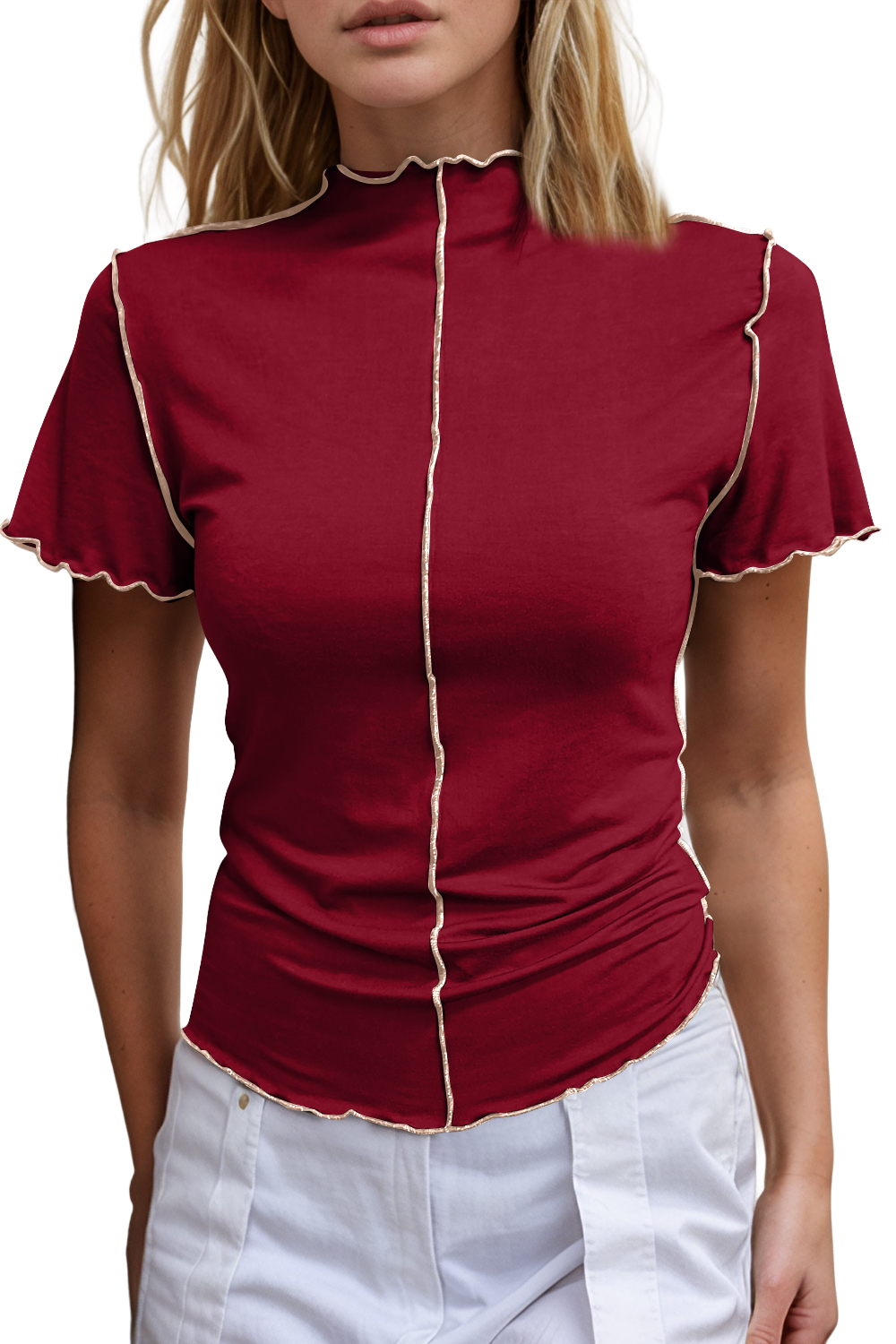 Basic Bae Contrast Trim Mock Neck Short Sleeve T-Shirt