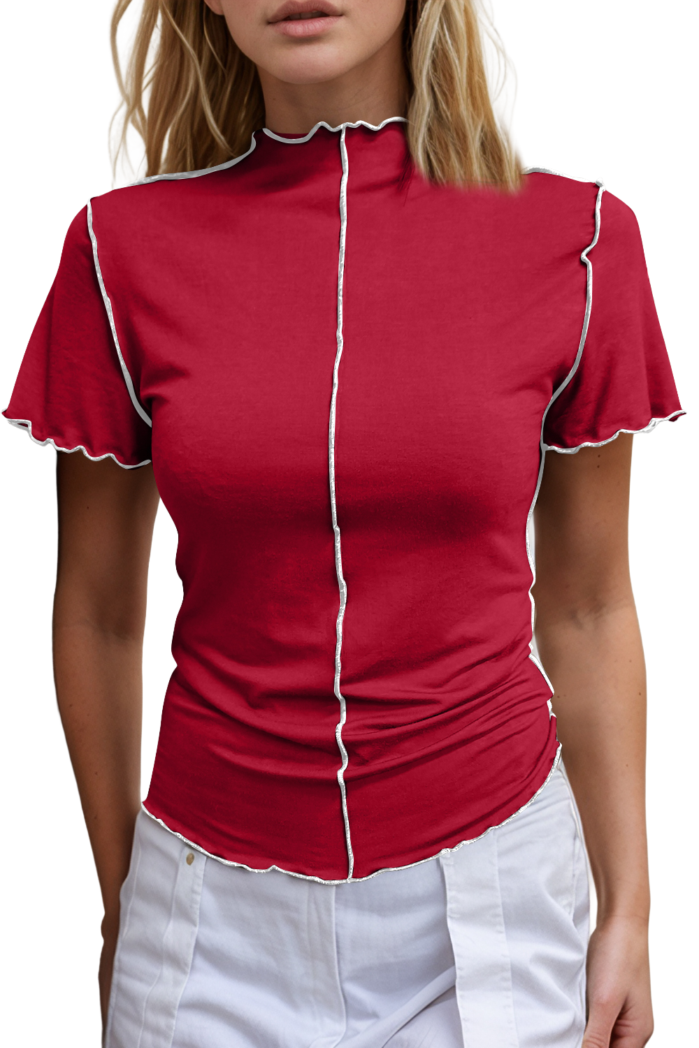 Basic Bae Contrast Trim Mock Neck Short Sleeve T-Shirt