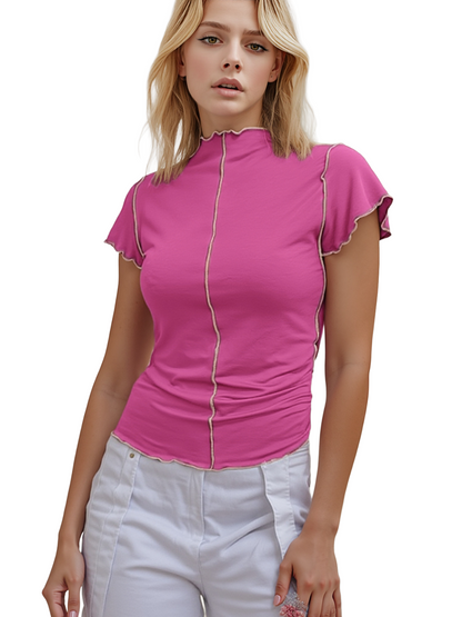 Basic Bae Contrast Trim Mock Neck Short Sleeve T-Shirt - SHOPHUES