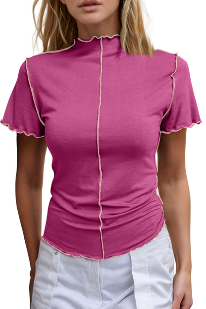 Basic Bae Contrast Trim Mock Neck Short Sleeve T-Shirt - SHOPHUES