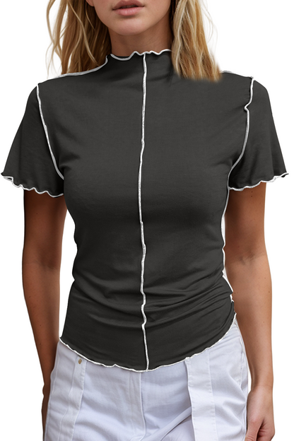 Basic Bae Contrast Trim Mock Neck Short Sleeve T-Shirt - SHOPHUES