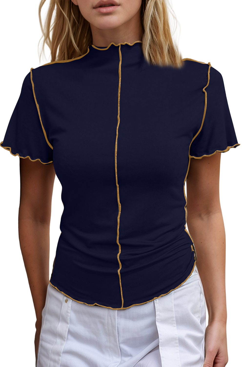 Basic Bae Contrast Trim Mock Neck Short Sleeve T-Shirt
