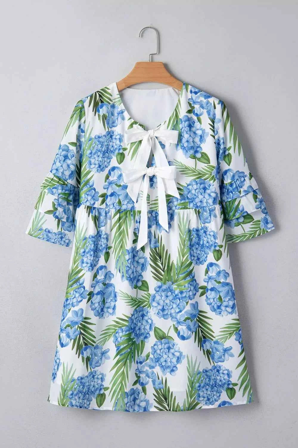Palm Floral Print Contrast Ribbon Knot Ruffle Tiered Sleeve Mini Dress