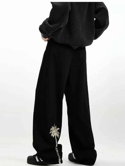 Men's Embroidered Palm Tree Wide Leg Jeans