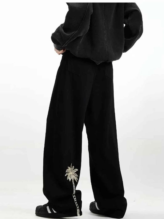Men's Embroidered Palm Tree Wide Leg Jeans