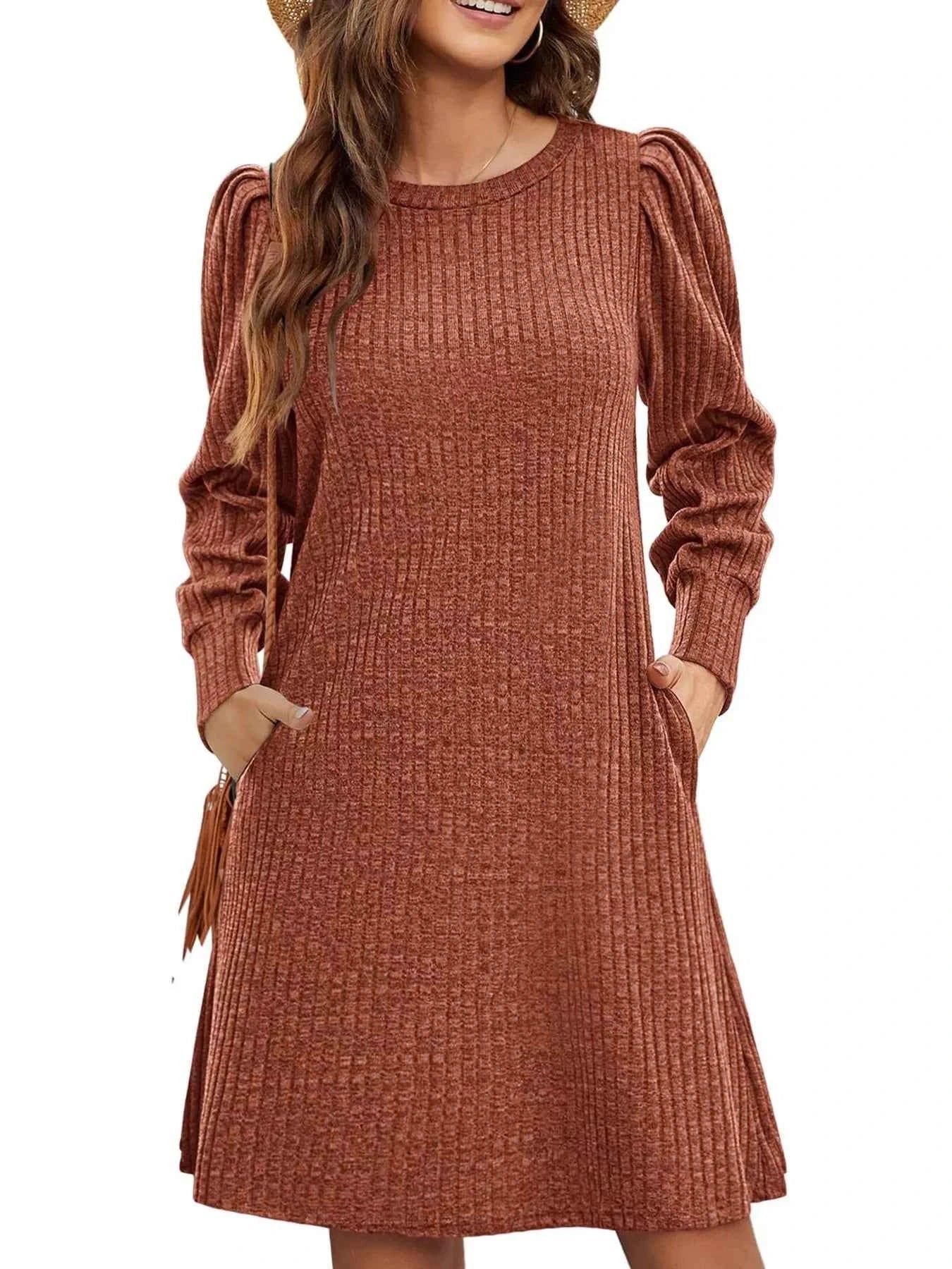 Ribbed Knit Puff Sleeve Casual Mini Dress