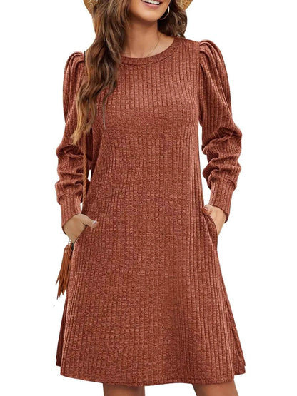 Ribbed Knit Puff Sleeve Casual Mini Dress