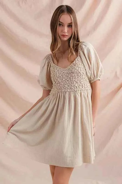 SO ME Textured Woven Daily Dress with Puff Sleeves