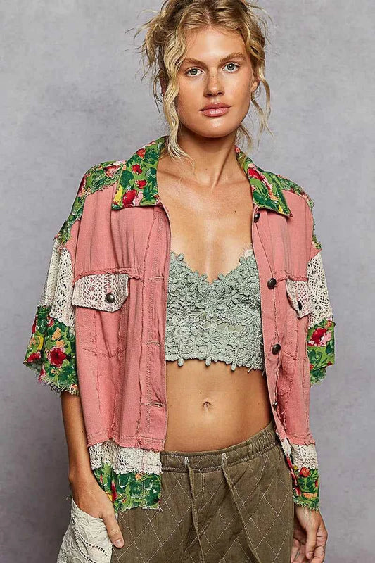 POL Lace Patch Floral Half Sleeve Shacket