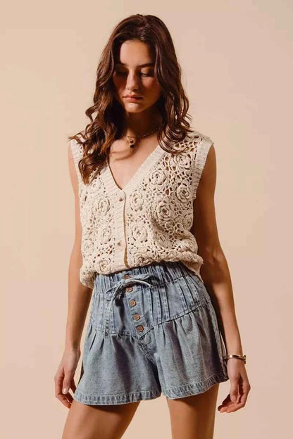SO ME Flared Denim Shorts with Elasticized Waist