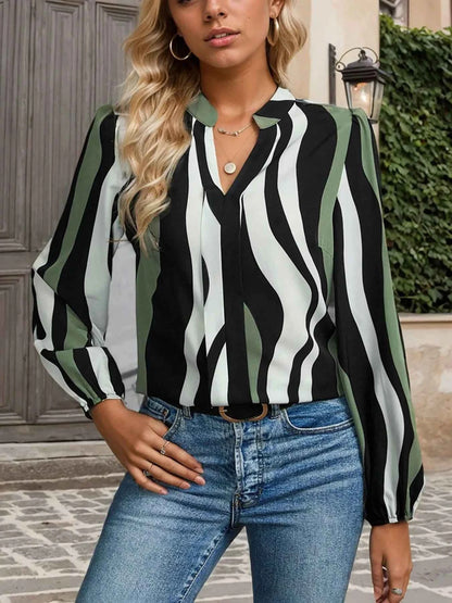 Striped Notched Long Sleeve Blouse