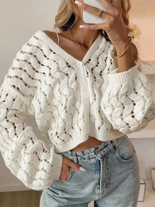 Openwork Button Up V-Neck Cardigan