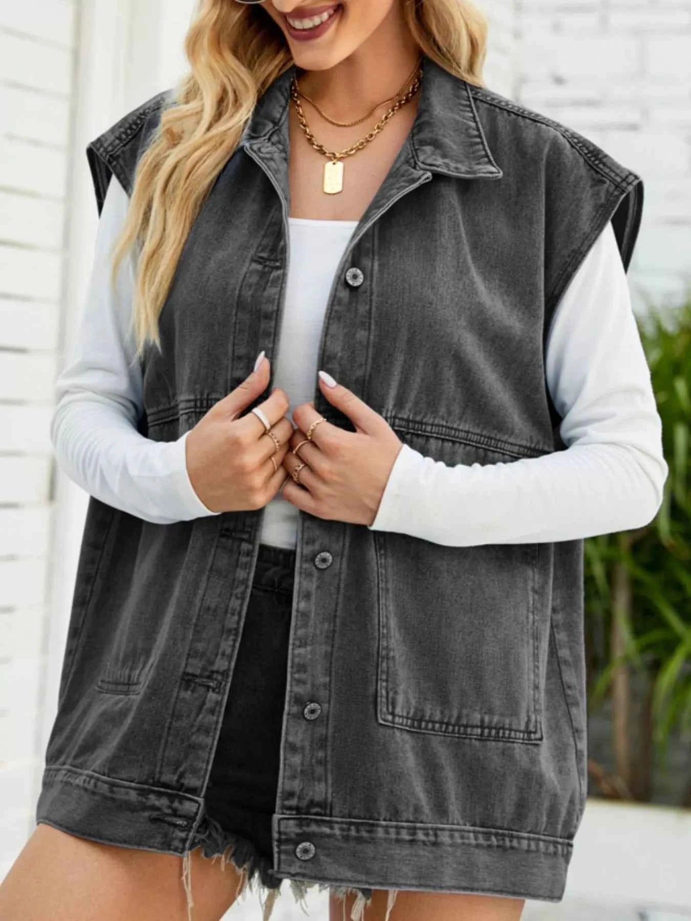 Sleeveless Button-Down Denim Jacket