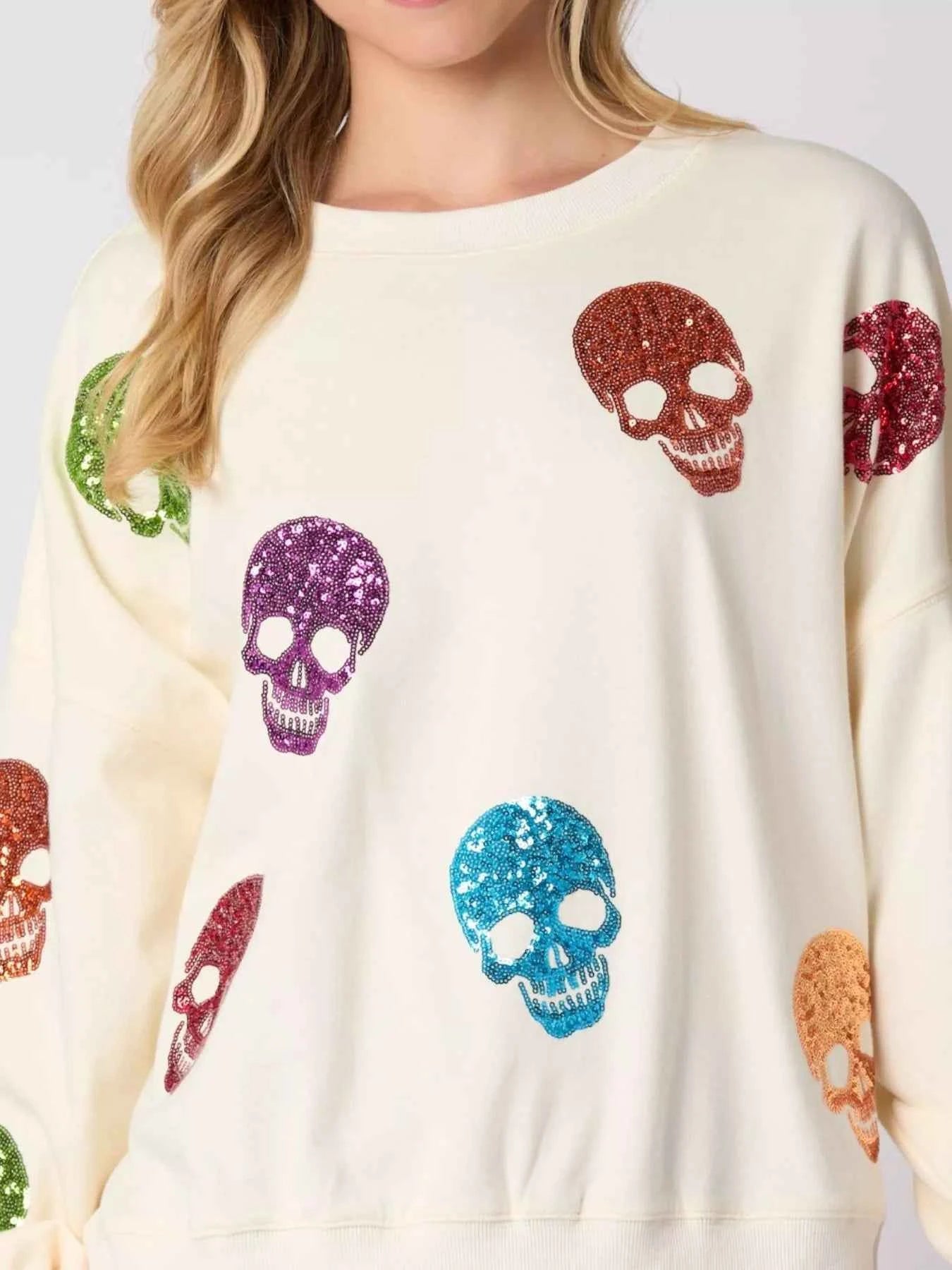 Halloween Colorful Skull Sequin Oversized Sweatshirt