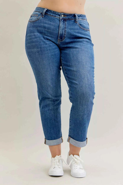 Judy Blue Full Size Mid Rise BF Classic Cuffed Jeans Plus Size