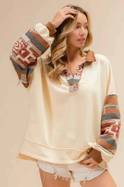 BiBi French Terry Knit and Aztec Print Mixed Top