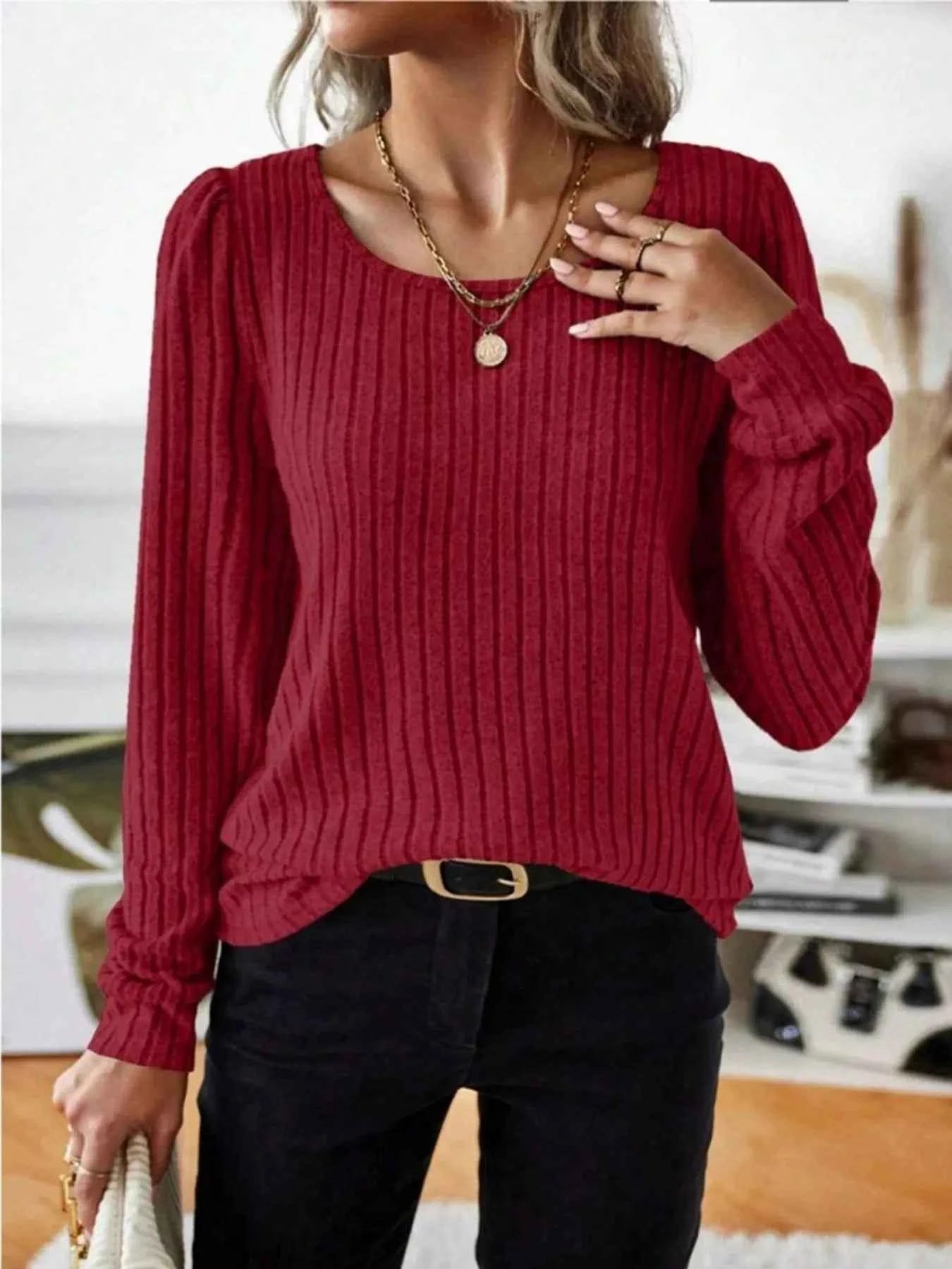 Ribbed Knit Long Sleeve T-Shirt