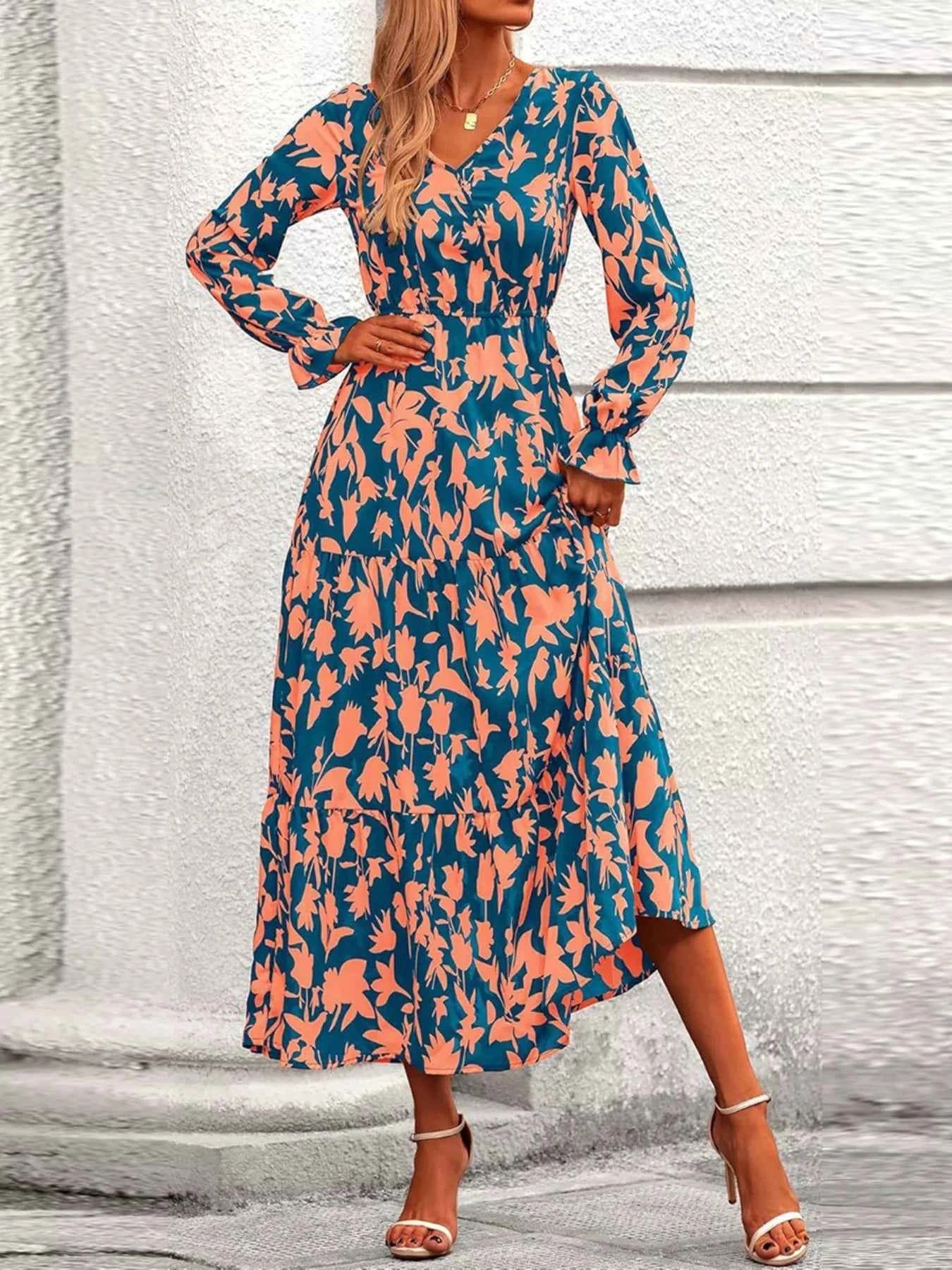 Printed V-Neck Flounce Sleeve Tiered Midi Dress