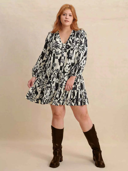 Plus Size Printed V-Neck Long Sleeve Mini Dress