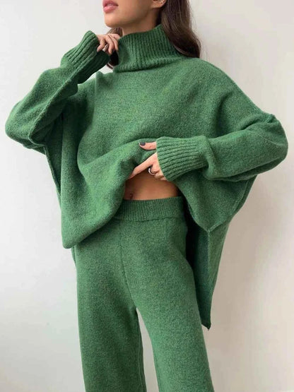 Slit Turtleneck Long Sleeve Top and Pants Sweater Set