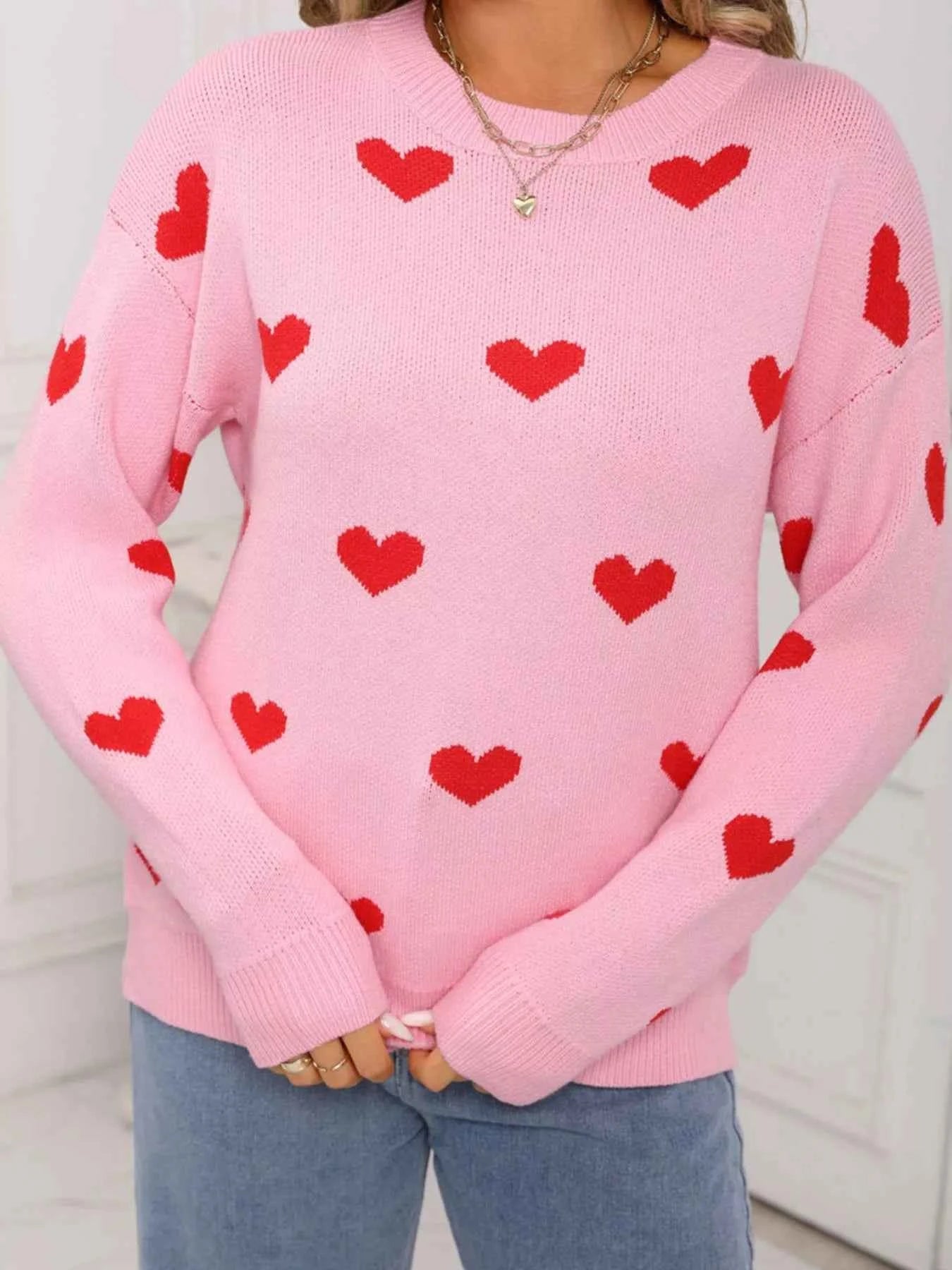 Valentine's Day Heart Pattern Dropped Shoulder Sweater