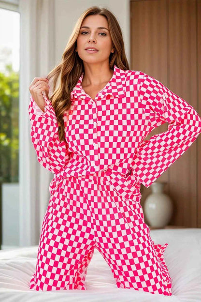 Checkered Button Up Top and Pants Lounge Set