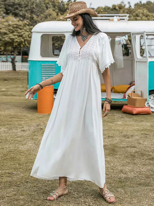 Lace Detail Eyelet V-Neck Half Sleeve Dress