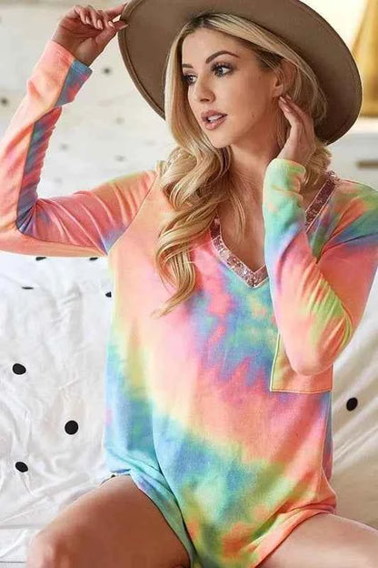 BiBi Tie Dye V-neck Terry Knit Top With Sequins