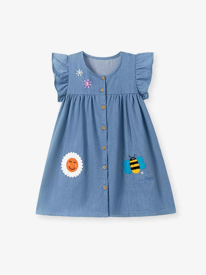 Children's Button Front Ruffle Sleeve· Denim Dress