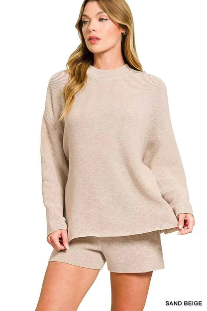 Zenana Round Neck Knit Top and Shorts Sweater Set
