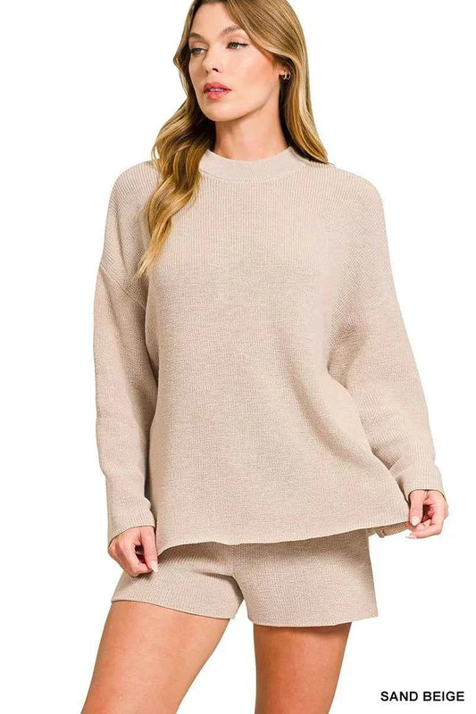 Zenana Round Neck Knit Top and Shorts Sweater Set