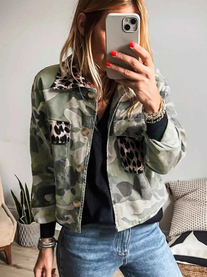 Camo Print Leopard Trim Button Up Jacket