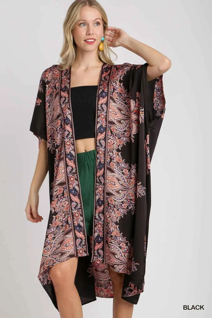 Umgee Satin Border Print Short Sleeve Open Front Kimono