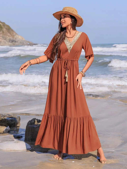 Ruffled Tassel V-Neck Flutter Sleeve Dress