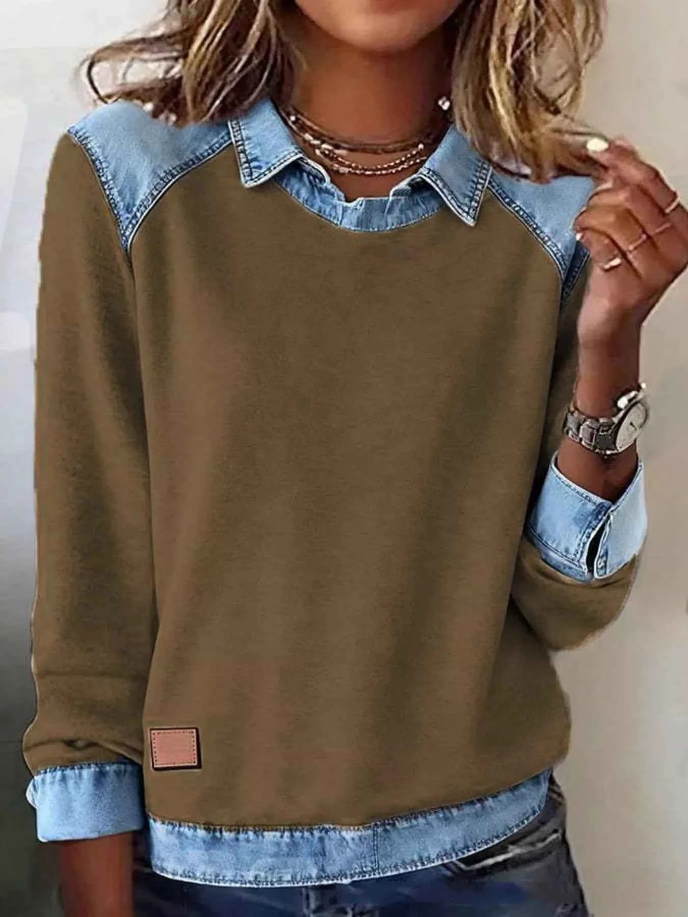 Full Size Denim Trim Long Sleeve Top Plus Size