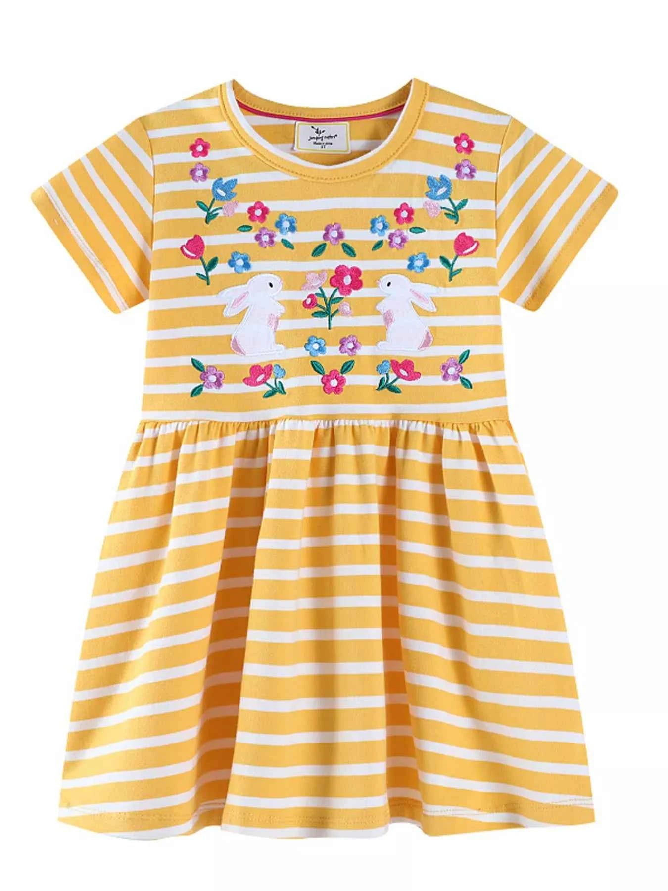 Children's Striped Bunny Embroidered Round Neck Dress