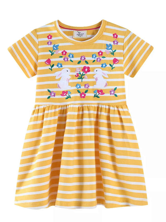 Children's Striped Bunny Embroidered Round Neck Dress