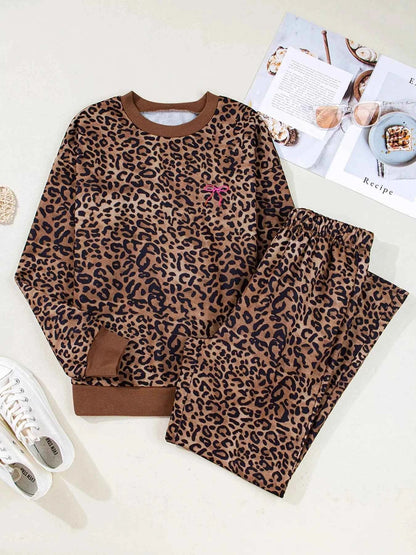 Leopard Print Contrast Trim Long Sleeve Top and Pants Set