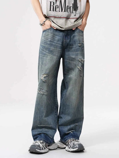 Men's Full Size Vintage Distressed Wide Leg Relaxed Fit Jeans Plus Size