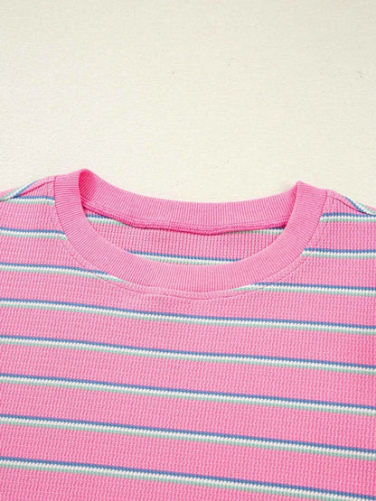 Stripe Textured Knit Round Neck Puff Sleeve Top